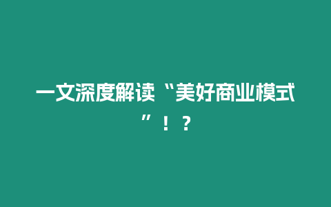 一文深度解讀“美好商業模式”！？