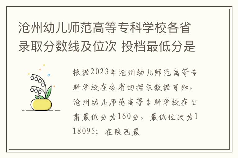 滄州幼兒師范高等專科學校各省錄取分數線及位次 投檔最低分是多少(2024年高考參考)