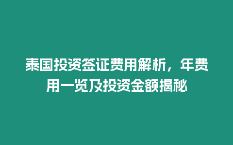 泰國投資簽證費(fèi)用解析，年費(fèi)用一覽及投資金額揭秘